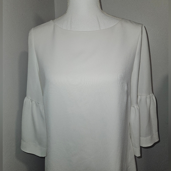 Sail to Sable Elegant Crisp White Bell Sleeve Midi Dress Gold Accents Size 10 - Picture 2 of 9